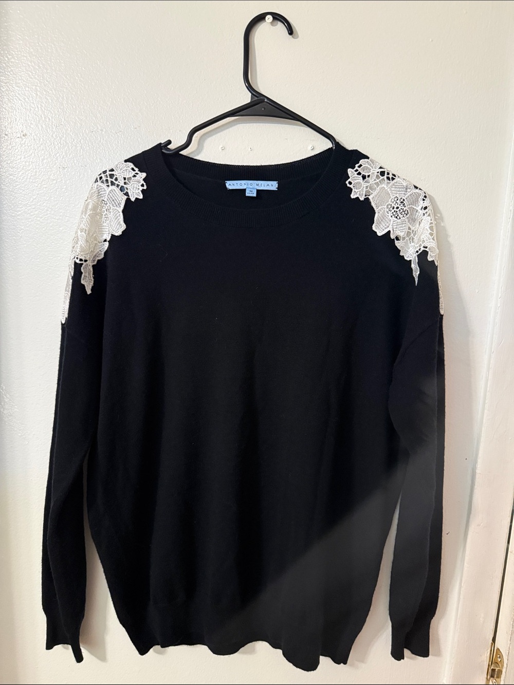 ANTONIO MELANI Black Sweater with White Lace Shoulder Appliqué
